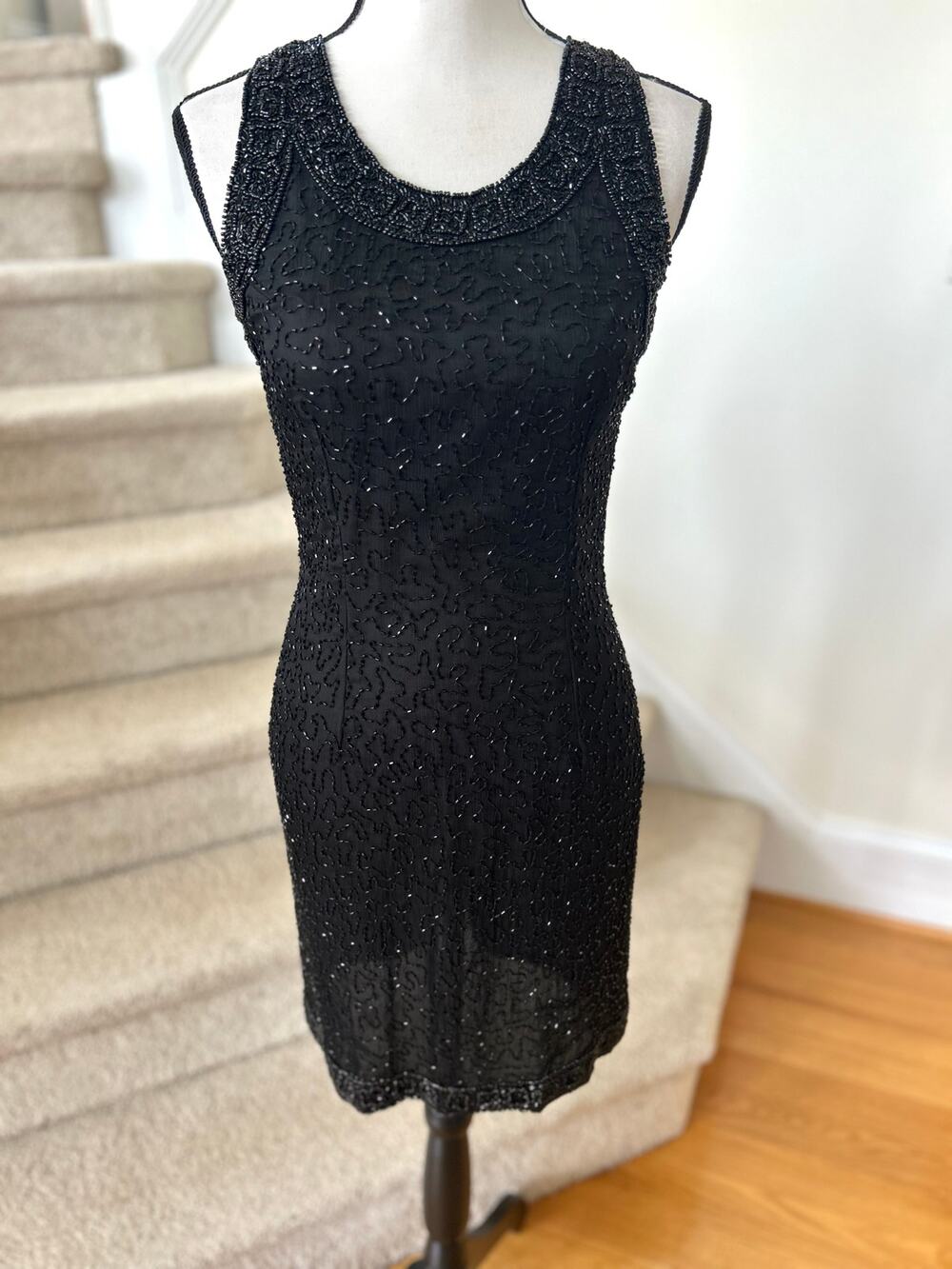 Vintage 90s Laurence Kazar Silk Black Beaded Sleeveless Mini Sheath Dress